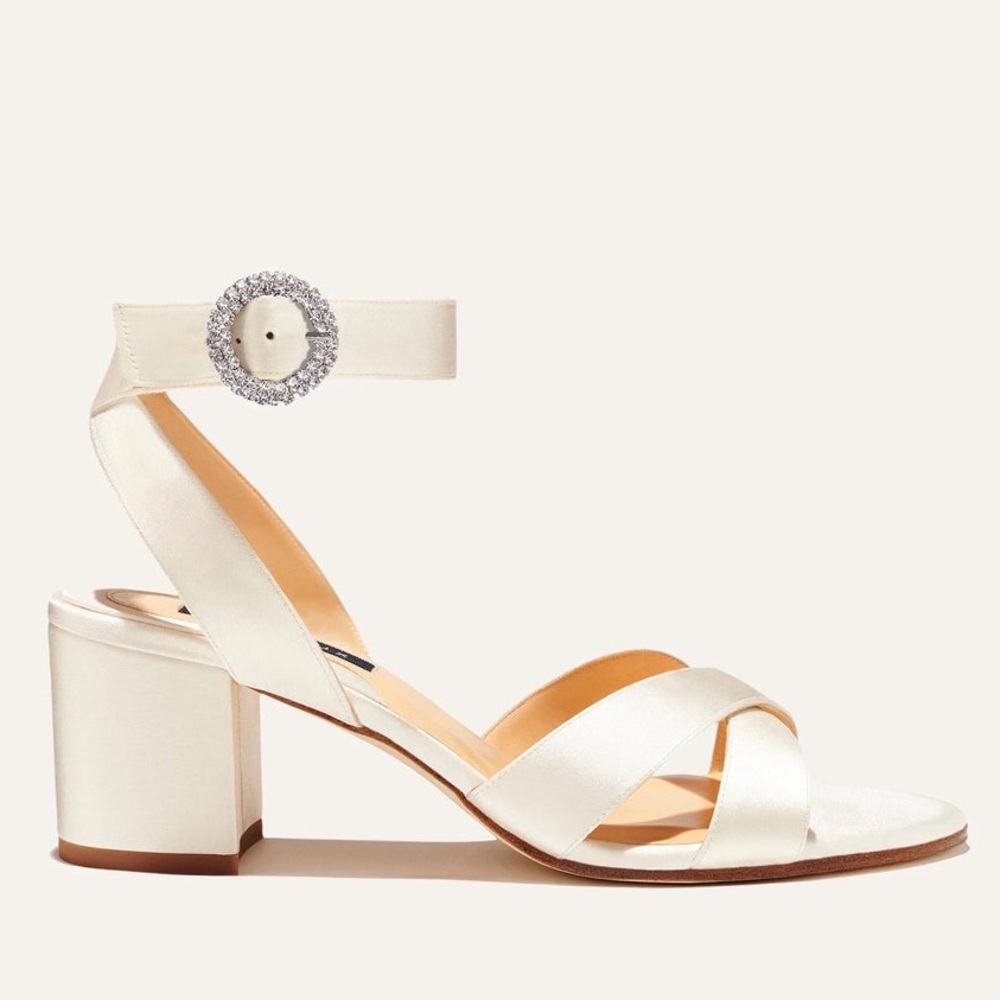 Margaux Ivory Satin Block Heel Sandals with Rhinestone Buckle